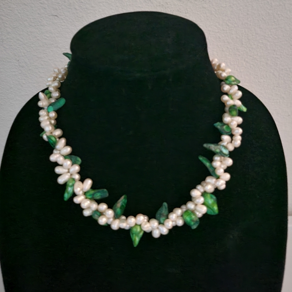 White Drop Freshwater Pearls Accented By Green Borque Pearls Necklace  New